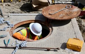 Man,Working,Underground,Through,A,Manhole,In,The,Street